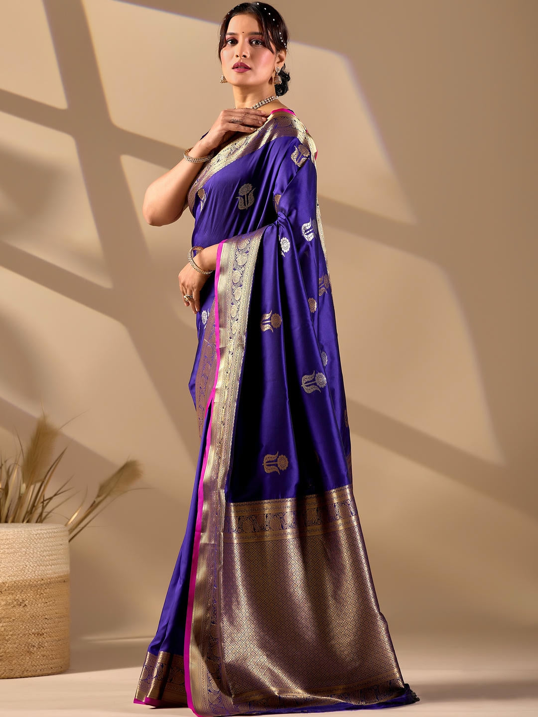 Samantha Blue Woven Design Premium Traditional Silk Fabric Saree With Blue Unstitched Blouse Piece Featuring A Heavy Zari Border For Women Ethnic Wedding And Festive Wear