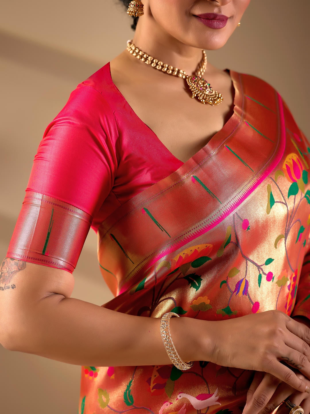 Samantha Gold Woven Design Premium Traditional Silk Fabric Saree With Gold Unstitched Blouse Piece Featuring A Heavy Zari Border For Women Ethnic Wedding And Festive Wear