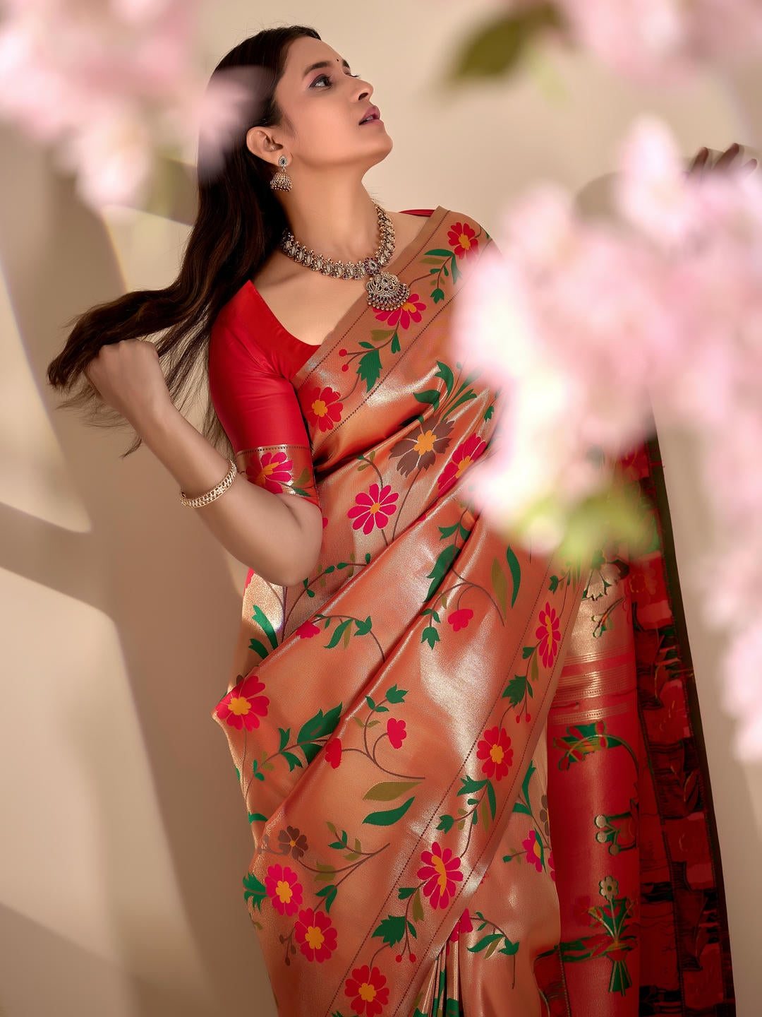 Samantha Red Gold Woven Design Premium Traditional Silk Fabric Saree With Red Unstitched Blouse Piece Featuring A Heavy Zari Border For Women Ethnic Wedding And Festive Wear