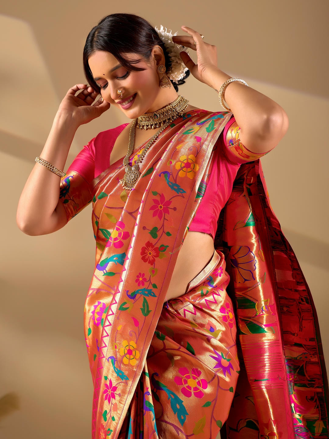 Samantha Red Gold Woven Design Premium Traditional Silk Fabric Saree With Red Unstitched Blouse Piece Featuring A Heavy Zari Border For Women Ethnic Wedding And Festive Wear