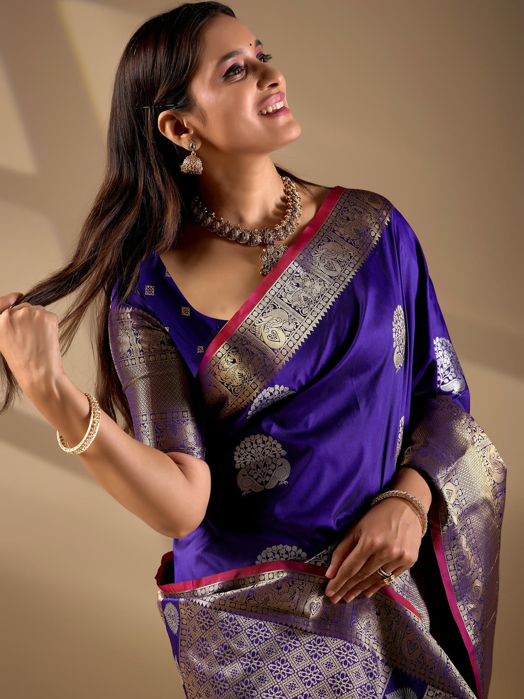 Samantha Blue Woven Design Premium Traditional Silk Fabric Saree With Blue Unstitched Blouse Piece Featuring A Heavy Zari Border For Women Ethnic Wedding And Festive Wear