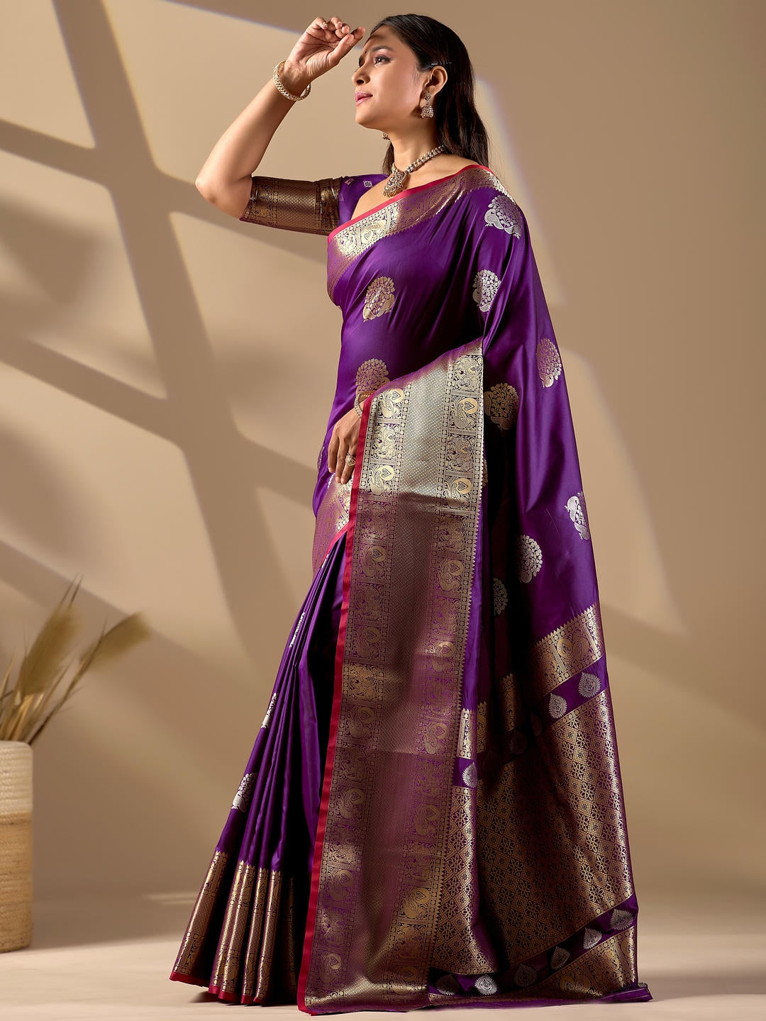 Samantha Purple Woven Design Premium Traditional Silk Fabric Saree With Purple Unstitched Blouse Piece Featuring A Heavy Zari Border For Women Ethnic Wedding And Festive Wear