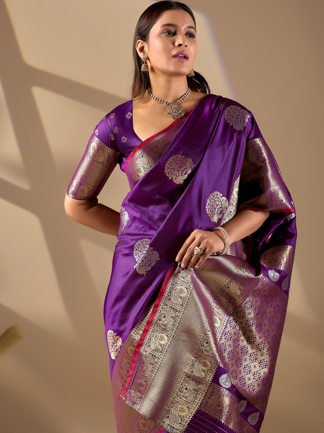 Samantha Purple Woven Design Premium Traditional Silk Fabric Saree With Purple Unstitched Blouse Piece Featuring A Heavy Zari Border For Women Ethnic Wedding And Festive Wear