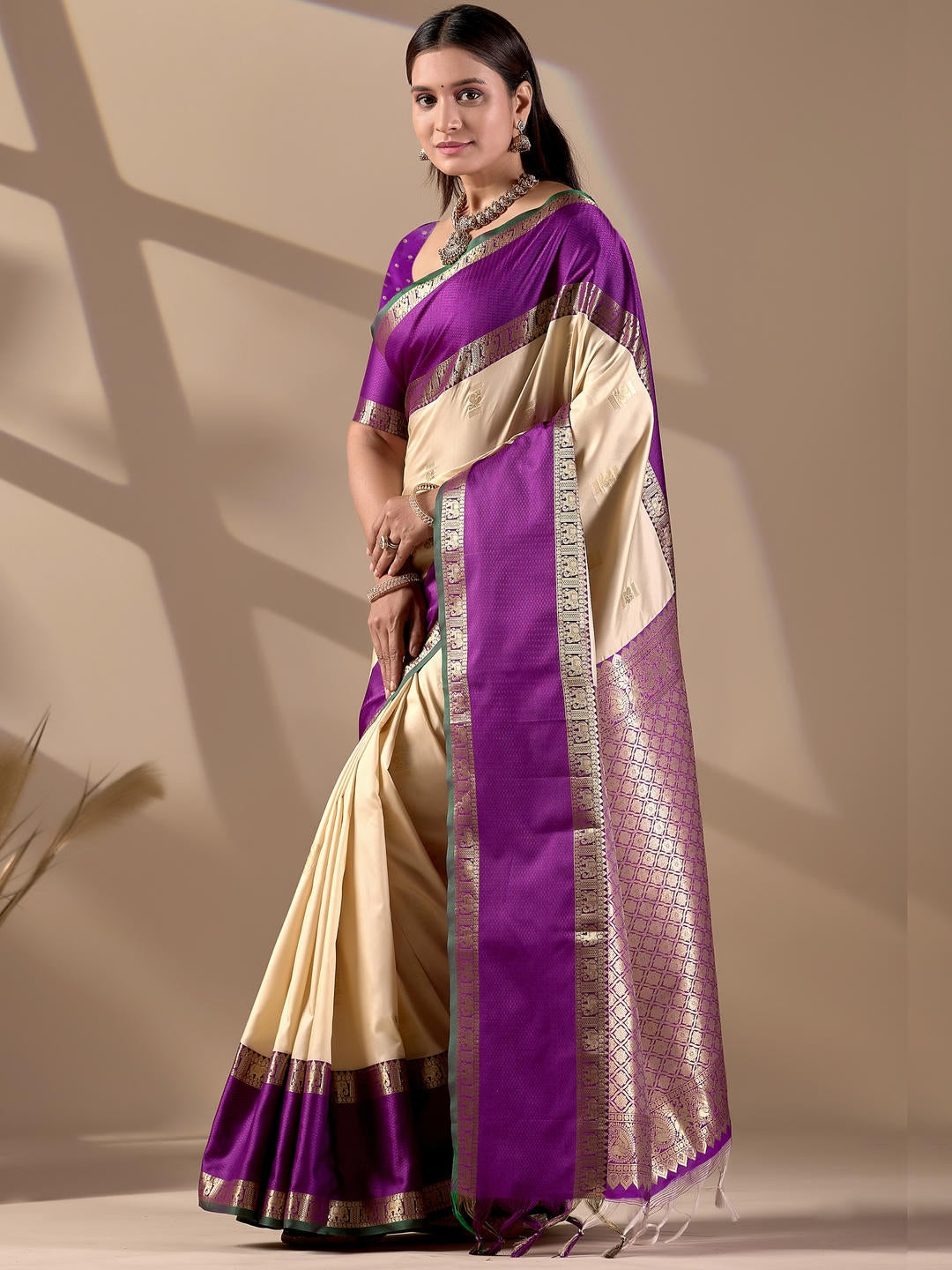 Samantha Cream Woven Design Premium Traditional Silk Fabric Saree With Cream Unstitched Blouse Piece Featuring A Heavy Zari Border For Women Ethnic Wedding And Festive Wear