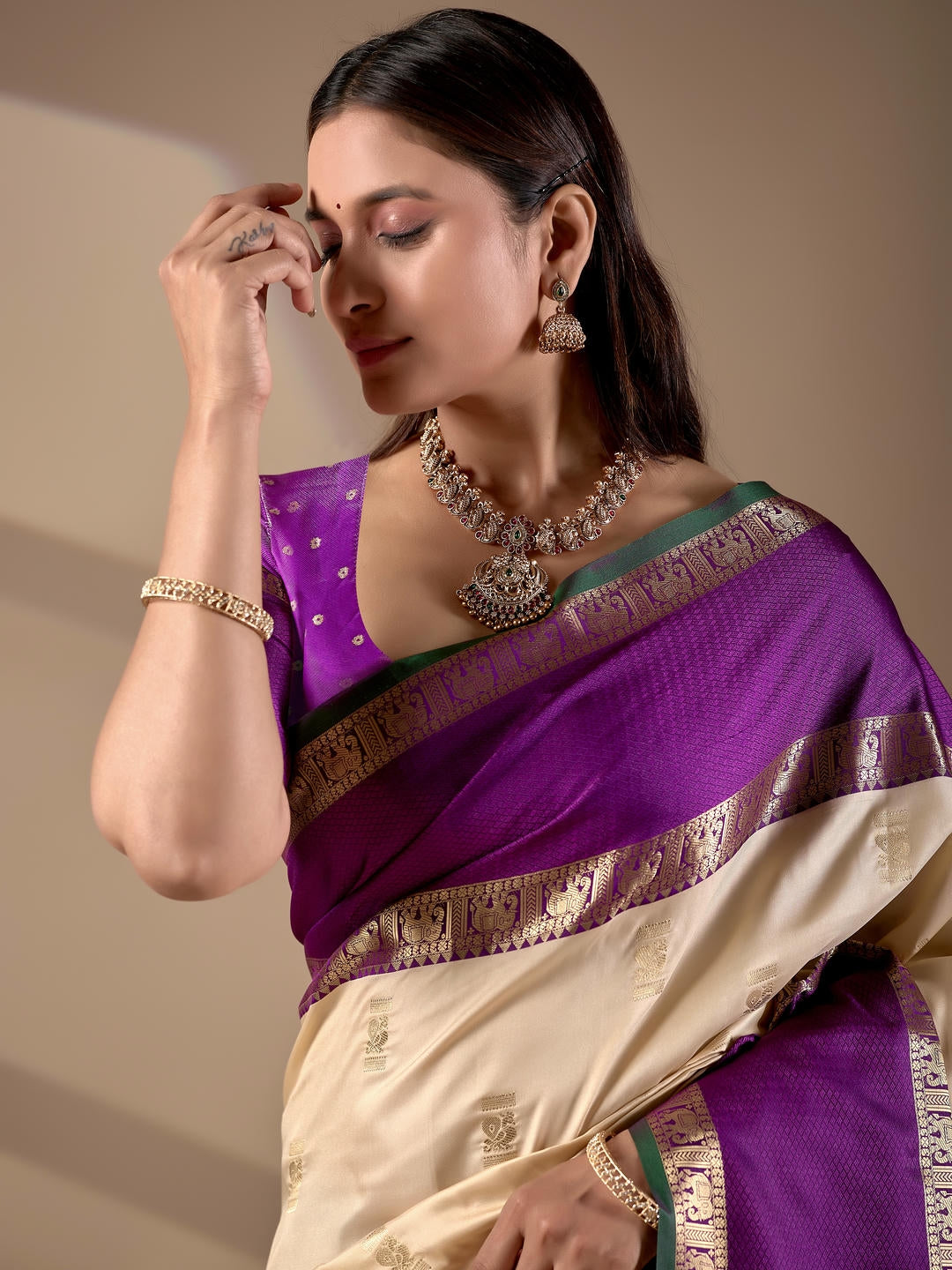 Samantha Cream Woven Design Premium Traditional Silk Fabric Saree With Cream Unstitched Blouse Piece Featuring A Heavy Zari Border For Women Ethnic Wedding And Festive Wear