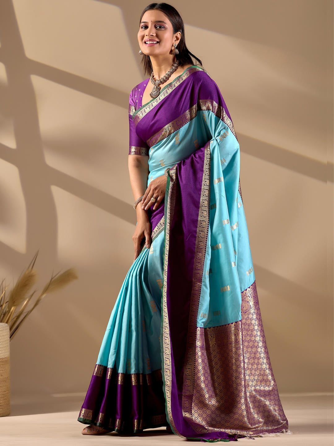 Samantha Sky Blue Woven Design Premium Traditional Silk Fabric Saree With Blue Unstitched Blouse Piece Featuring A Heavy Zari Border For Women Ethnic Wedding And Festive Wear