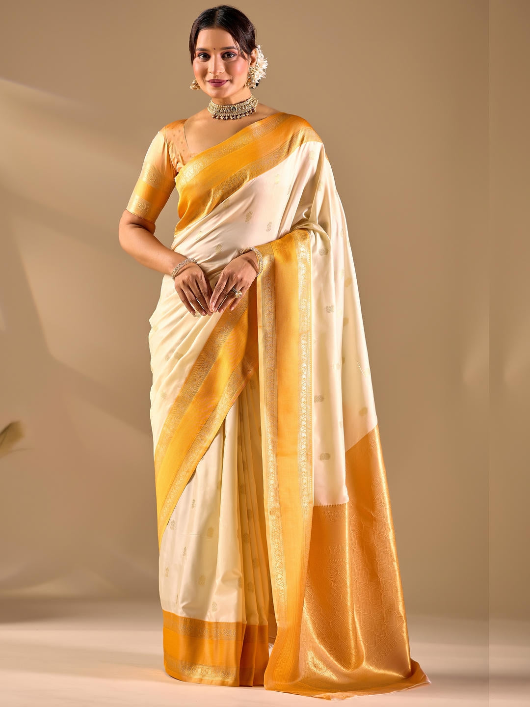 Samantha Off White Woven Design Premium Traditional Silk Fabric Saree With White Unstitched Blouse Piece Featuring A Heavy Zari Border For Women Ethnic Wedding And Festive Wear