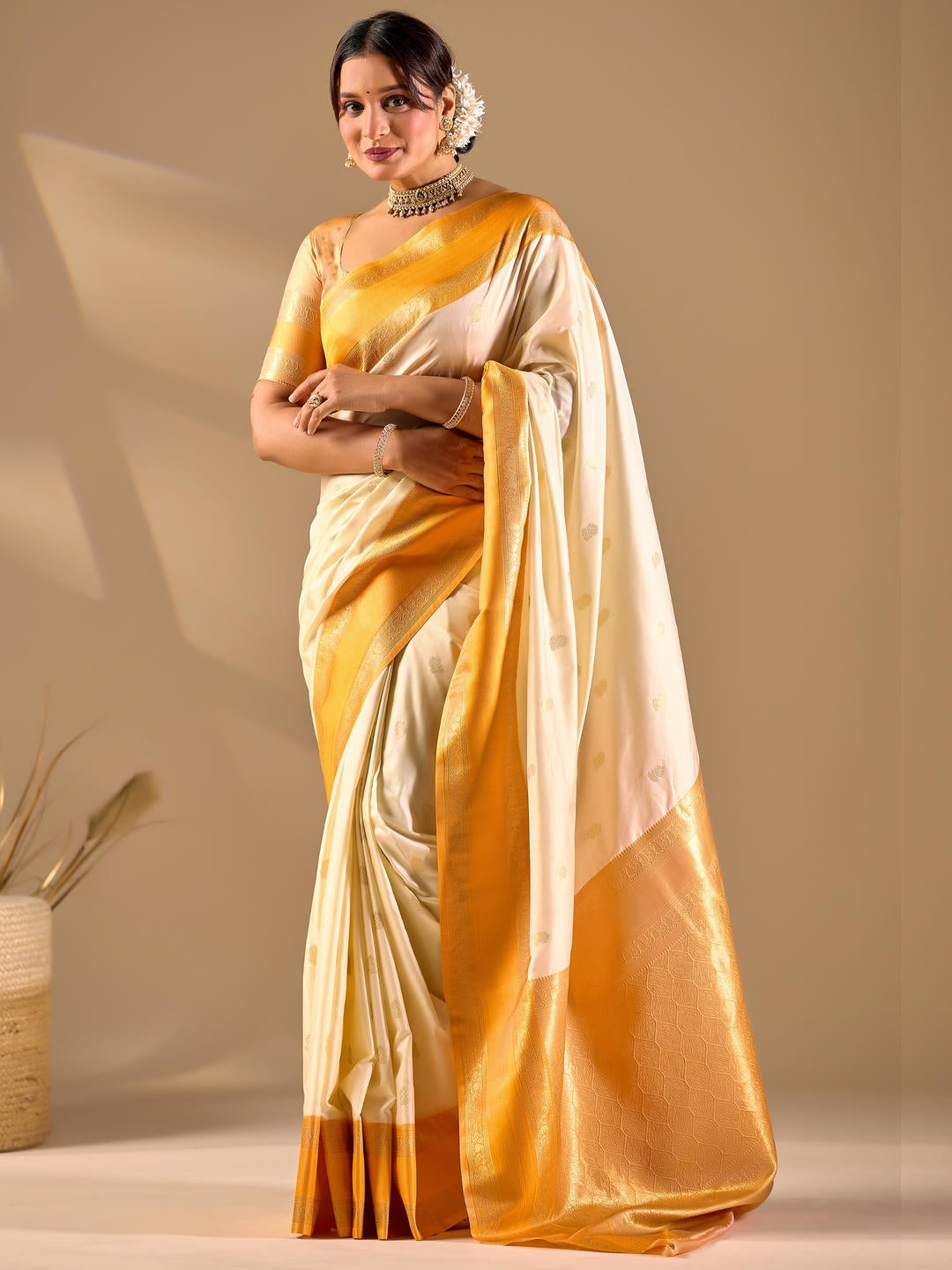 Samantha Off White Woven Design Premium Traditional Silk Fabric Saree With White Unstitched Blouse Piece Featuring A Heavy Zari Border For Women Ethnic Wedding And Festive Wear