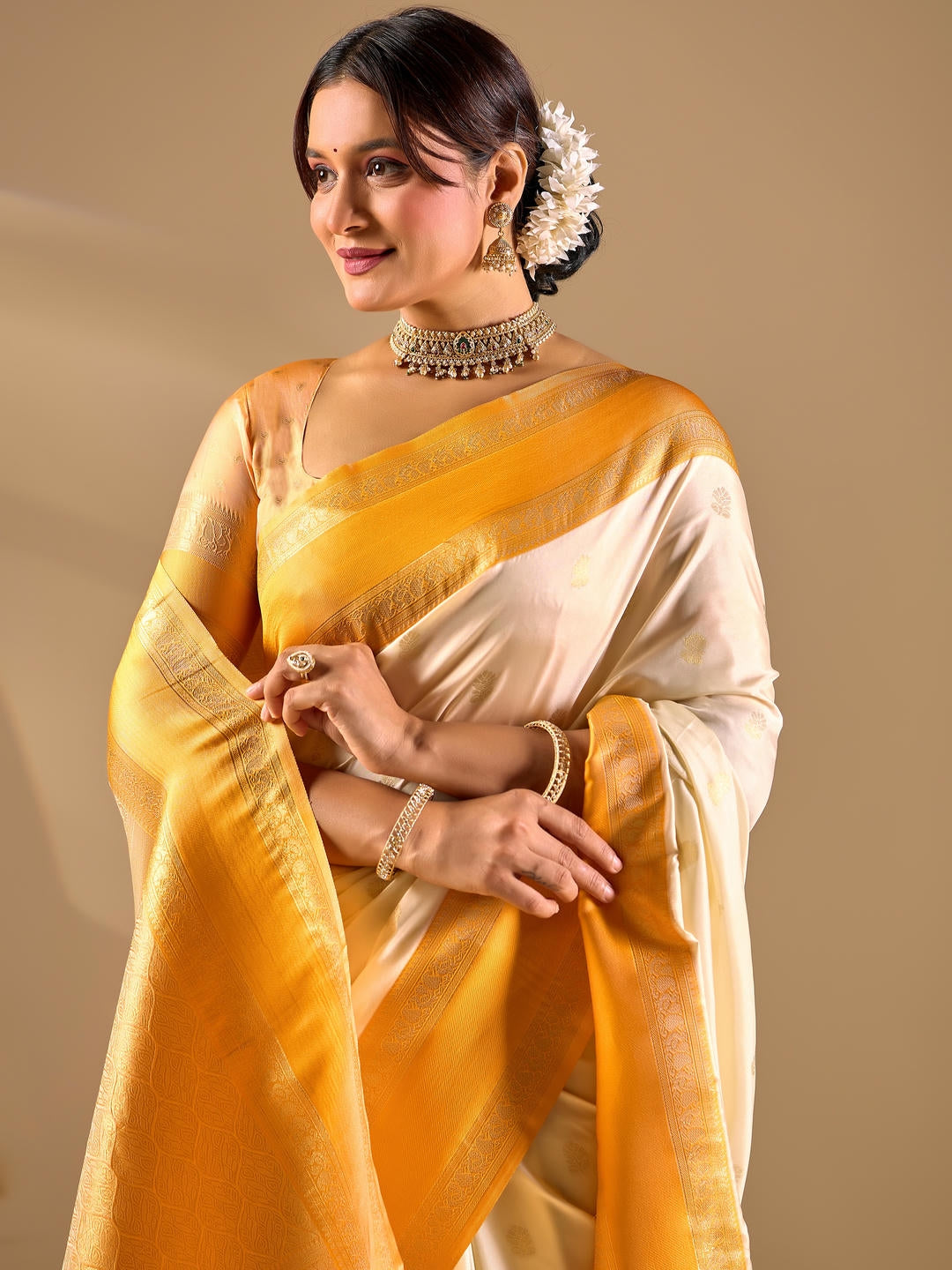Samantha Off White Woven Design Premium Traditional Silk Fabric Saree With White Unstitched Blouse Piece Featuring A Heavy Zari Border For Women Ethnic Wedding And Festive Wear