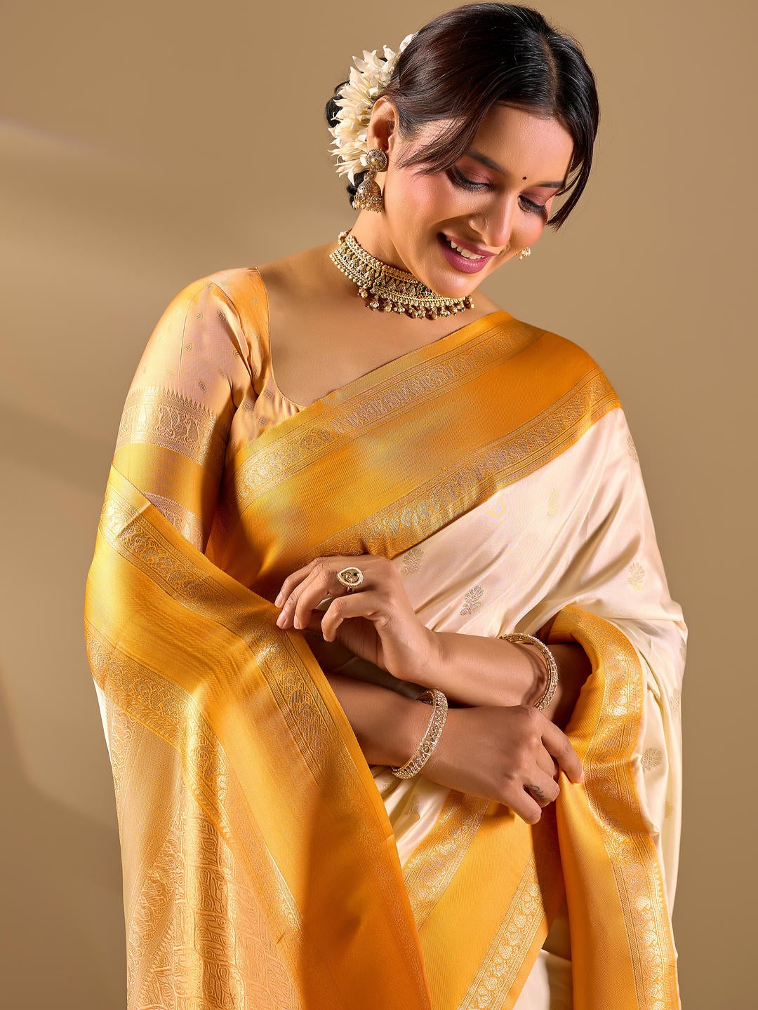 Samantha Off White Woven Design Premium Traditional Silk Fabric Saree With White Unstitched Blouse Piece Featuring A Heavy Zari Border For Women Ethnic Wedding And Festive Wear