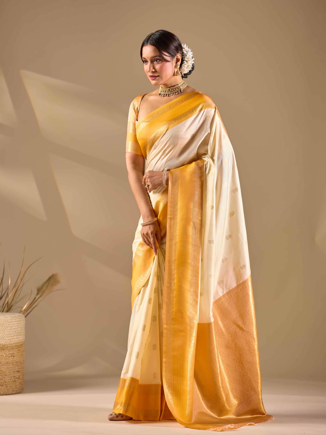 Samantha Off White Woven Design Premium Traditional Silk Fabric Saree With White Unstitched Blouse Piece Featuring A Heavy Zari Border For Women Ethnic Wedding And Festive Wear