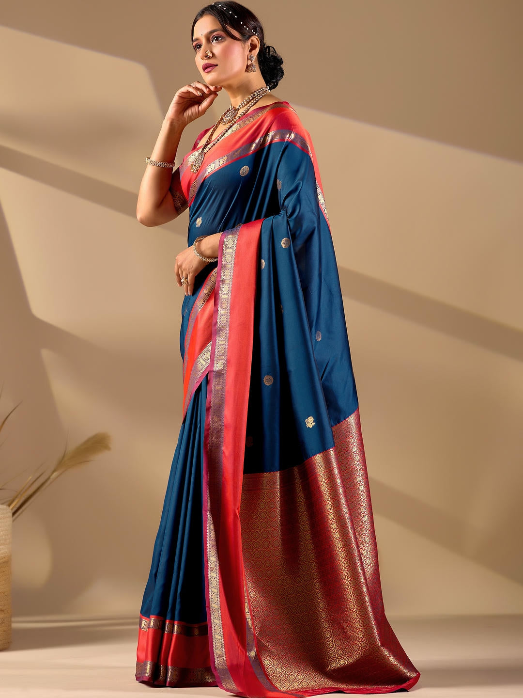 Samantha Metallic Rama Blue Woven Design Premium Traditional Silk Fabric Saree With Metallic Unstitched Blouse Piece Featuring A Heavy Zari Border For Women Ethnic Wedding And Festive Wear
