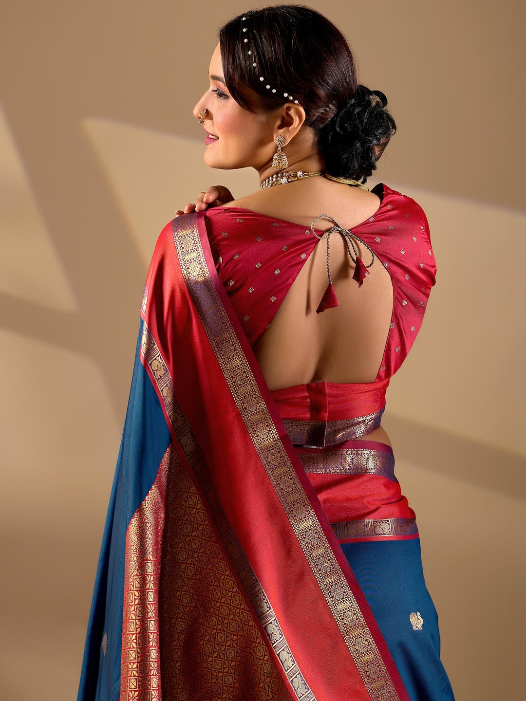 Samantha Metallic Rama Blue Woven Design Premium Traditional Silk Fabric Saree With Metallic Unstitched Blouse Piece Featuring A Heavy Zari Border For Women Ethnic Wedding And Festive Wear