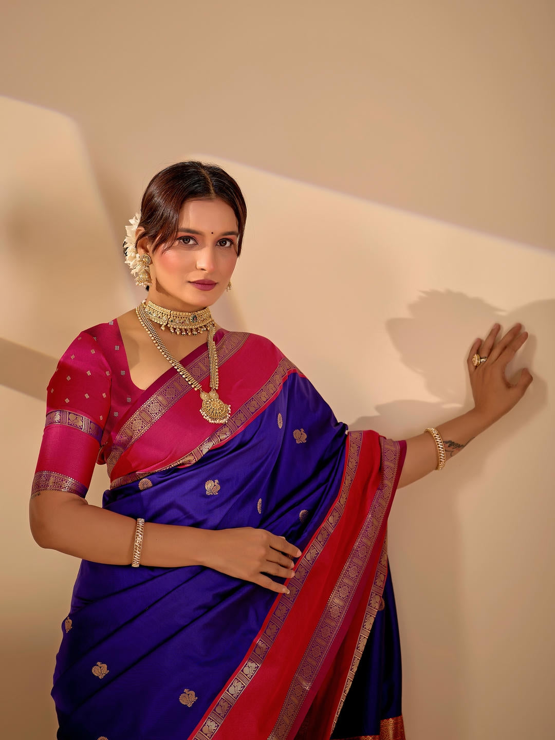 Samantha Violet Woven Design Premium Traditional Silk Fabric Saree With Violet Unstitched Blouse Piece Featuring A Heavy Zari Border For Women Ethnic Wedding And Festive Wear