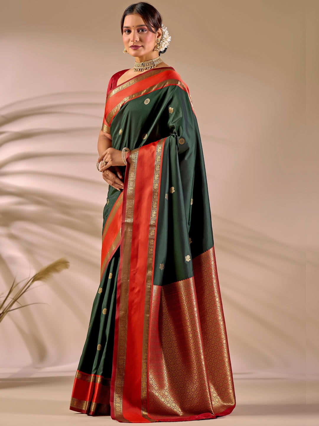 Samantha Metallic Green Woven Design Premium Traditional Silk Fabric Saree With Green Unstitched Blouse Piece Featuring A Heavy Zari Border For Women Ethnic Wedding And Festive Wear