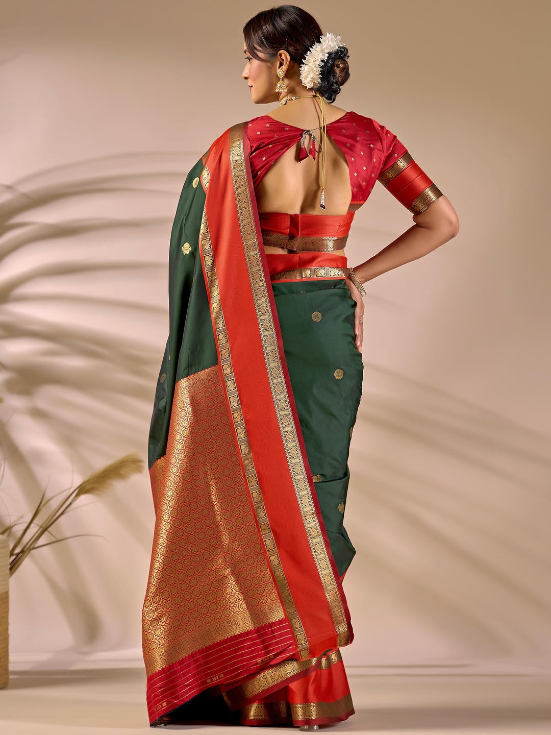 Samantha Metallic Green Woven Design Premium Traditional Silk Fabric Saree With Green Unstitched Blouse Piece Featuring A Heavy Zari Border For Women Ethnic Wedding And Festive Wear
