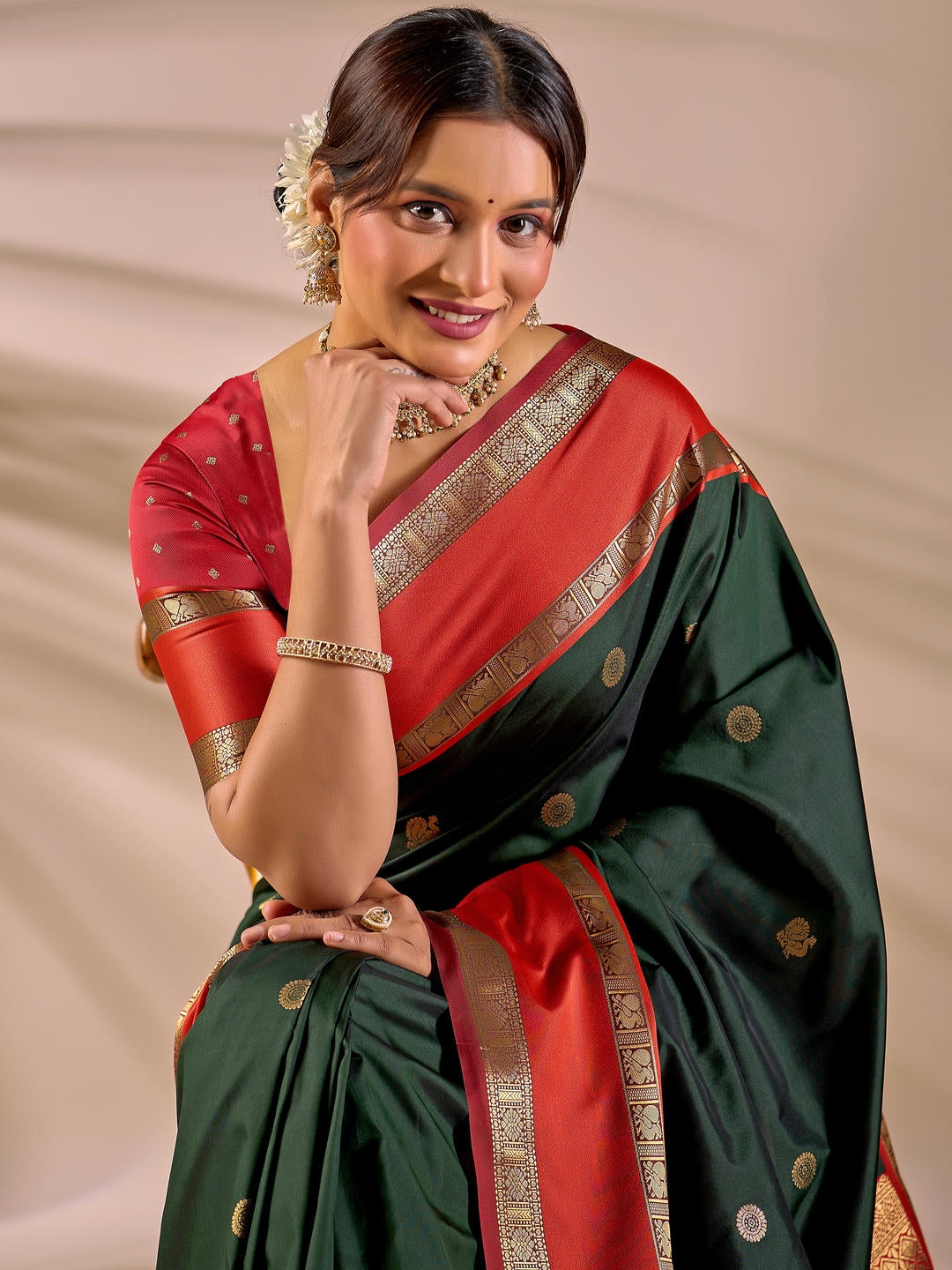 Samantha Metallic Green Woven Design Premium Traditional Silk Fabric Saree With Green Unstitched Blouse Piece Featuring A Heavy Zari Border For Women Ethnic Wedding And Festive Wear