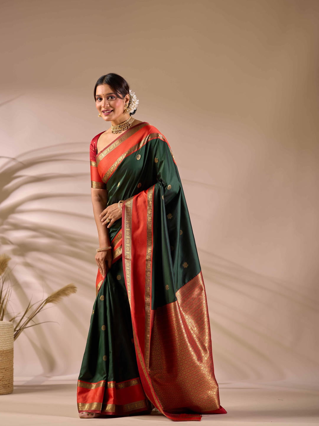 Samantha Metallic Green Woven Design Premium Traditional Silk Fabric Saree With Green Unstitched Blouse Piece Featuring A Heavy Zari Border For Women Ethnic Wedding And Festive Wear