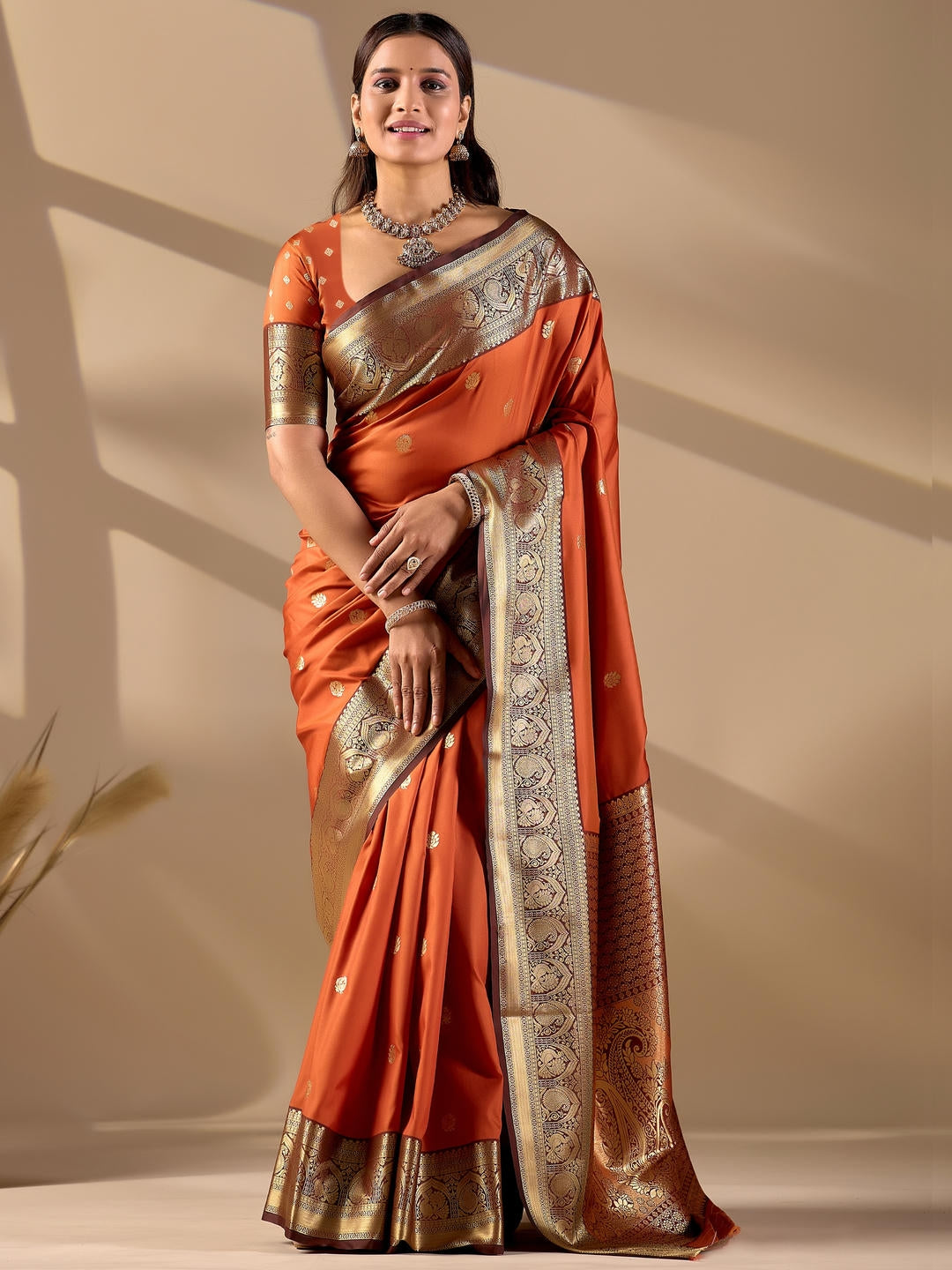 Samantha Orange Woven Design Premium Traditional Silk Fabric Saree With Orange Unstitched Blouse Piece Featuring A Heavy Zari Border For Women Ethnic Wedding And Festive Wear