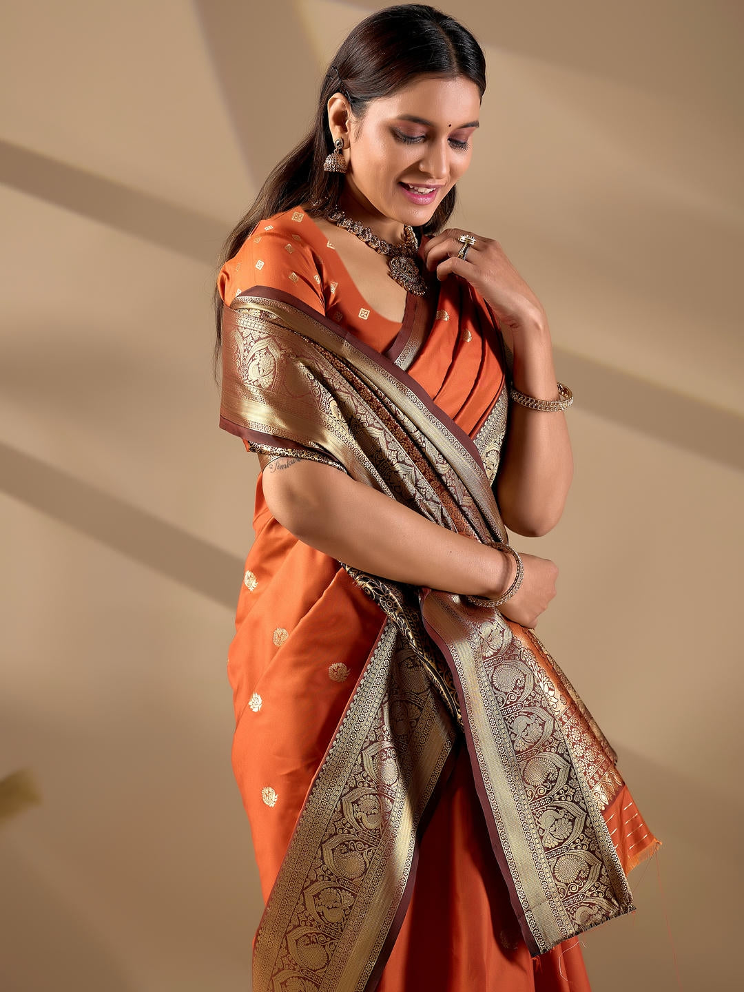 Samantha Orange Woven Design Premium Traditional Silk Fabric Saree With Orange Unstitched Blouse Piece Featuring A Heavy Zari Border For Women Ethnic Wedding And Festive Wear