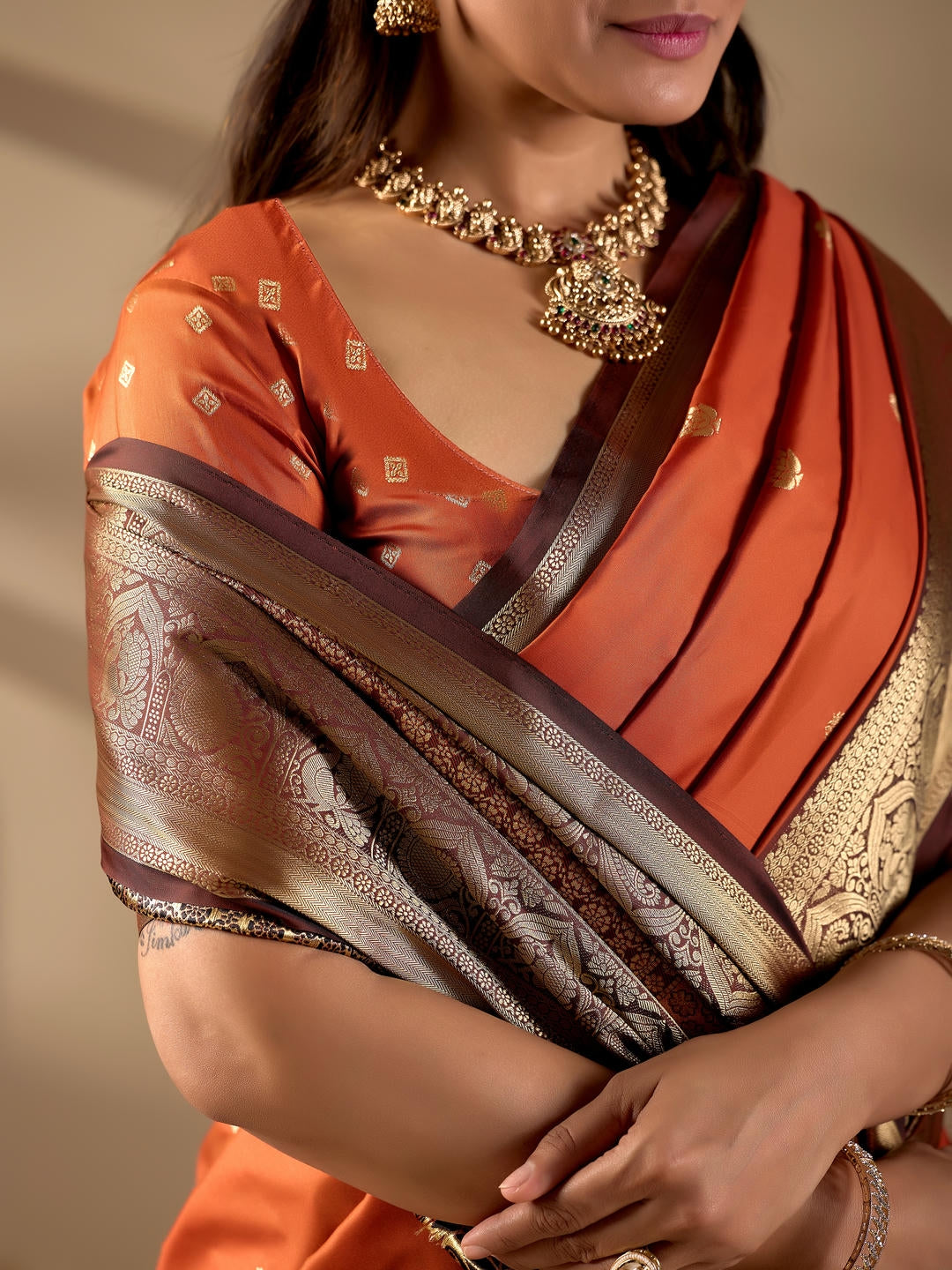 Samantha Orange Woven Design Premium Traditional Silk Fabric Saree With Orange Unstitched Blouse Piece Featuring A Heavy Zari Border For Women Ethnic Wedding And Festive Wear