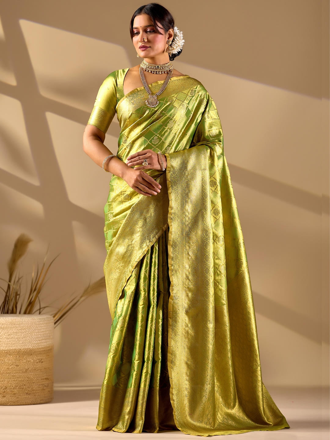 Samantha Green Gold Woven Design Premium Traditional Silk Fabric Saree With Green Unstitched Blouse Piece Featuring A Heavy Zari Border For Women Ethnic Wedding And Festive Wear