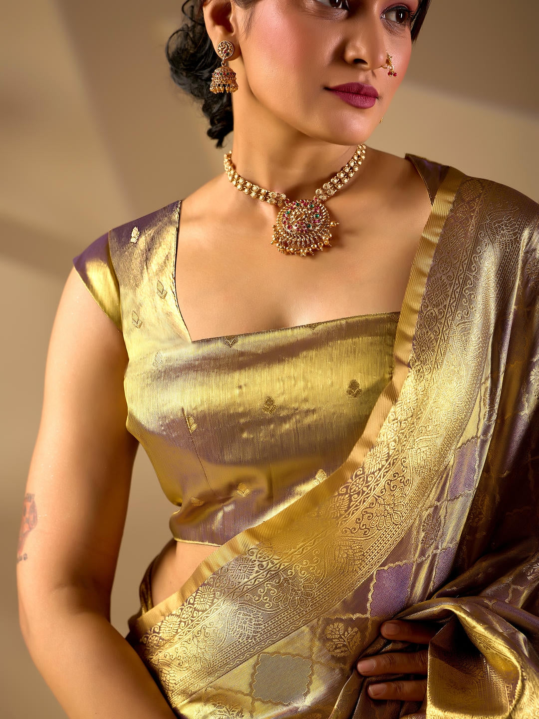 Samantha Rusty Gold Woven Design Premium Traditional Silk Fabric Saree With Brown Unstitched Blouse Piece Featuring A Heavy Zari Border For Women Ethnic Wedding And Festive Wear