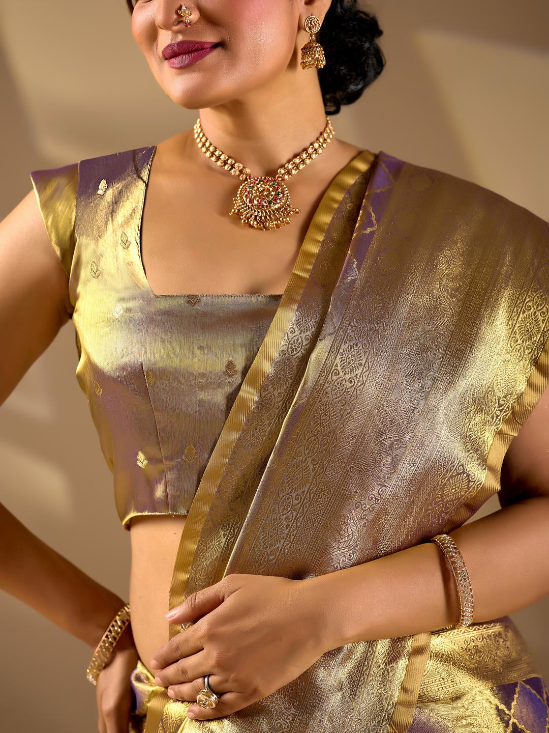 Samantha Rusty Gold Woven Design Premium Traditional Silk Fabric Saree With Brown Unstitched Blouse Piece Featuring A Heavy Zari Border For Women Ethnic Wedding And Festive Wear