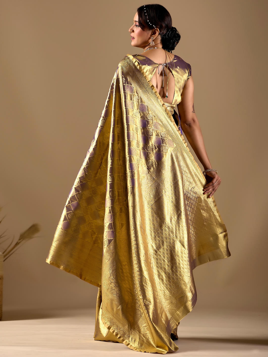 Samantha Rusty Gold Woven Design Premium Traditional Silk Fabric Saree With Brown Unstitched Blouse Piece Featuring A Heavy Zari Border For Women Ethnic Wedding And Festive Wear