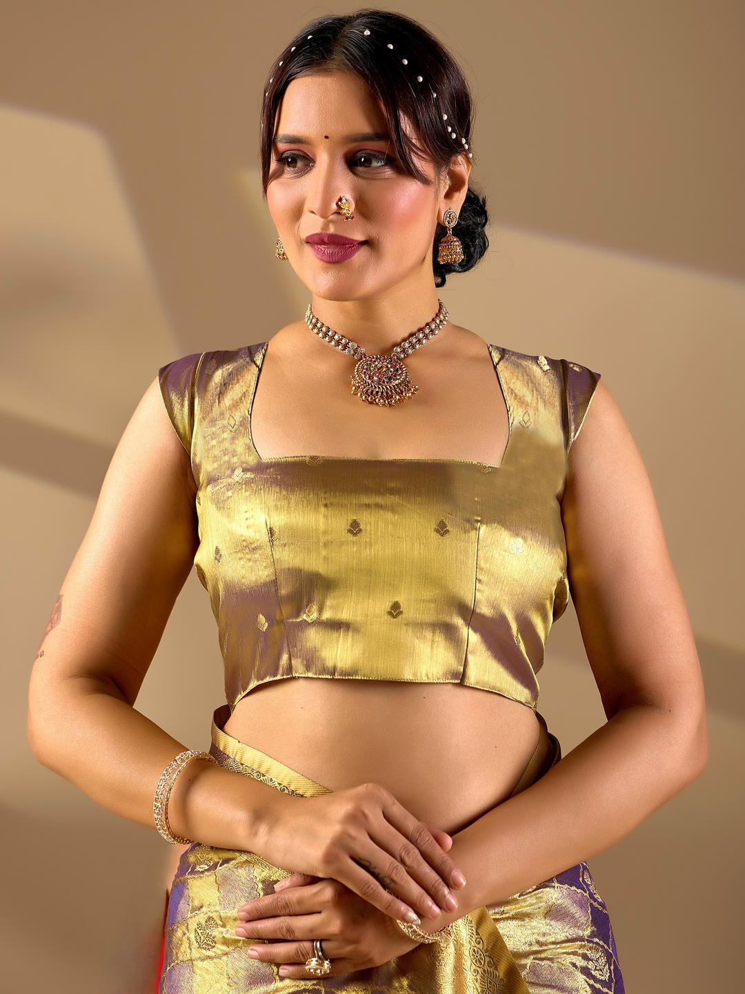 Samantha Rusty Gold Woven Design Premium Traditional Silk Fabric Saree With Brown Unstitched Blouse Piece Featuring A Heavy Zari Border For Women Ethnic Wedding And Festive Wear