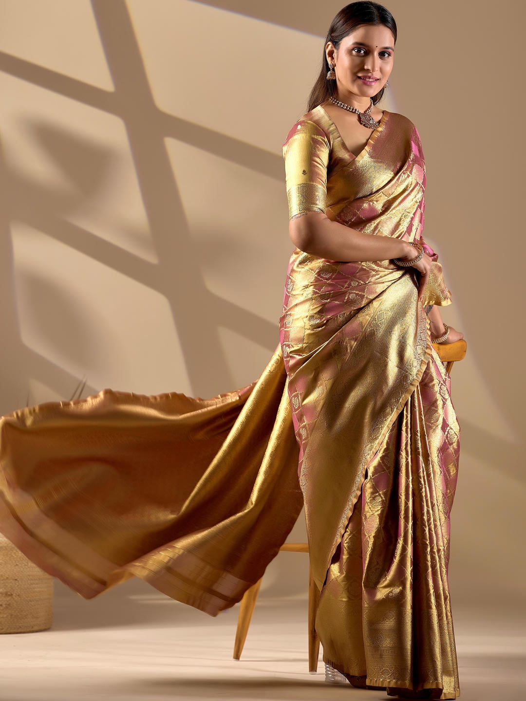 Samantha Beige Gold Woven Design Premium Traditional Silk Fabric Saree With Beige Unstitched Blouse Piece Featuring A Heavy Zari Border For Women Ethnic Wedding And Festive Wear