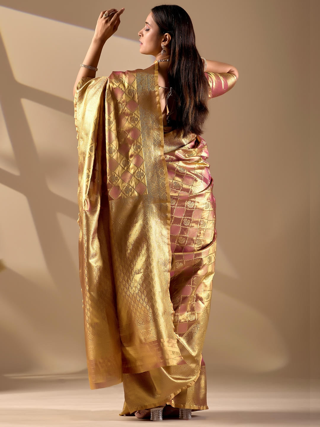 Samantha Beige Gold Woven Design Premium Traditional Silk Fabric Saree With Beige Unstitched Blouse Piece Featuring A Heavy Zari Border For Women Ethnic Wedding And Festive Wear