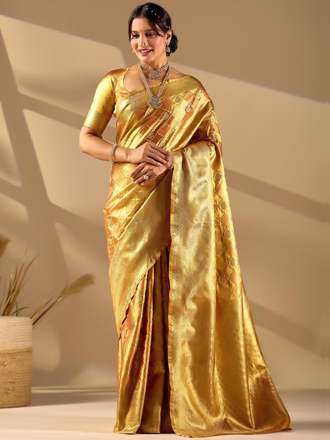 Samantha Mustard Gold Woven Design Premium Traditional Silk Fabric Saree With Yellow Unstitched Blouse Piece Featuring A Heavy Zari Border For Women Ethnic Wedding And Festive Wear