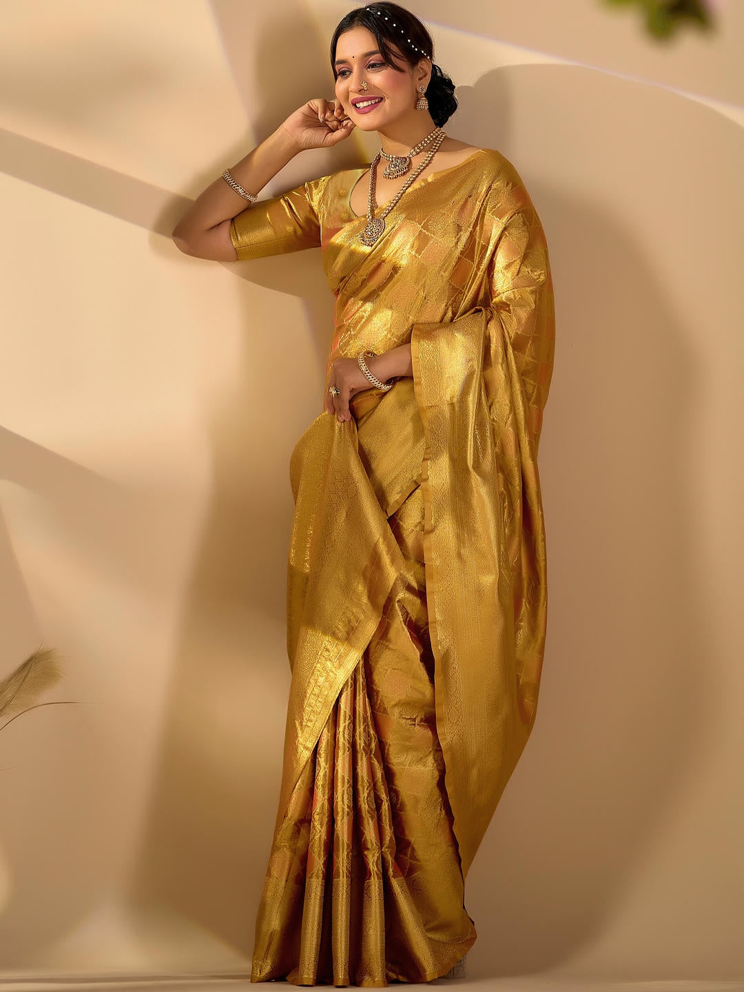 Samantha Mustard Gold Woven Design Premium Traditional Silk Fabric Saree With Yellow Unstitched Blouse Piece Featuring A Heavy Zari Border For Women Ethnic Wedding And Festive Wear