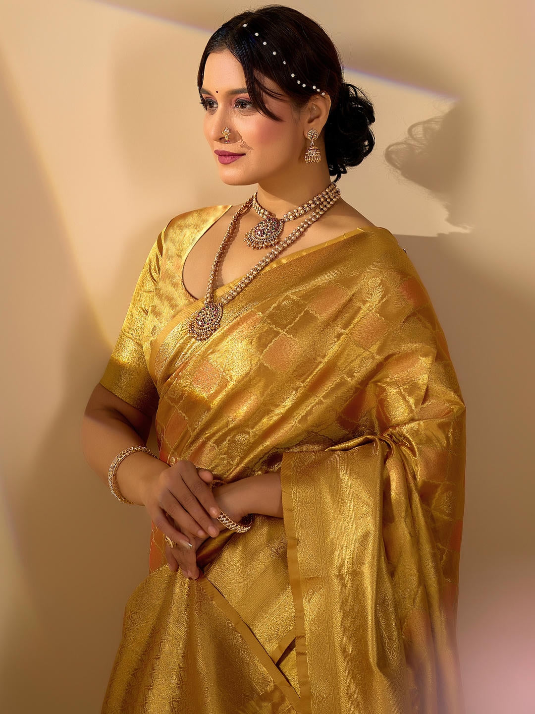Samantha Mustard Gold Woven Design Premium Traditional Silk Fabric Saree With Yellow Unstitched Blouse Piece Featuring A Heavy Zari Border For Women Ethnic Wedding And Festive Wear