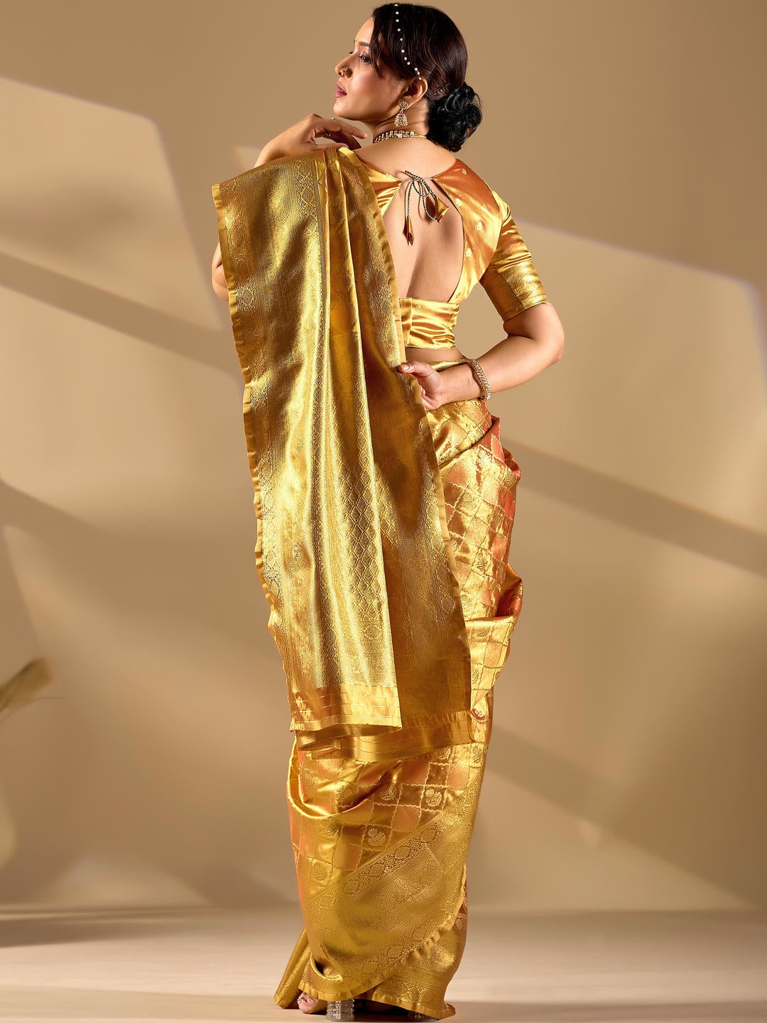 Samantha Mustard Gold Woven Design Premium Traditional Silk Fabric Saree With Yellow Unstitched Blouse Piece Featuring A Heavy Zari Border For Women Ethnic Wedding And Festive Wear