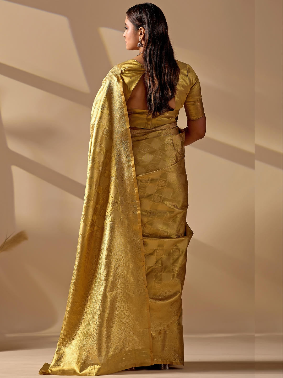Samantha Metallic Gold Woven Design Premium Traditional Silk Fabric Saree With Gold Unstitched Blouse Piece Featuring A Heavy Zari Border For Women Ethnic Wedding And Festive Wear