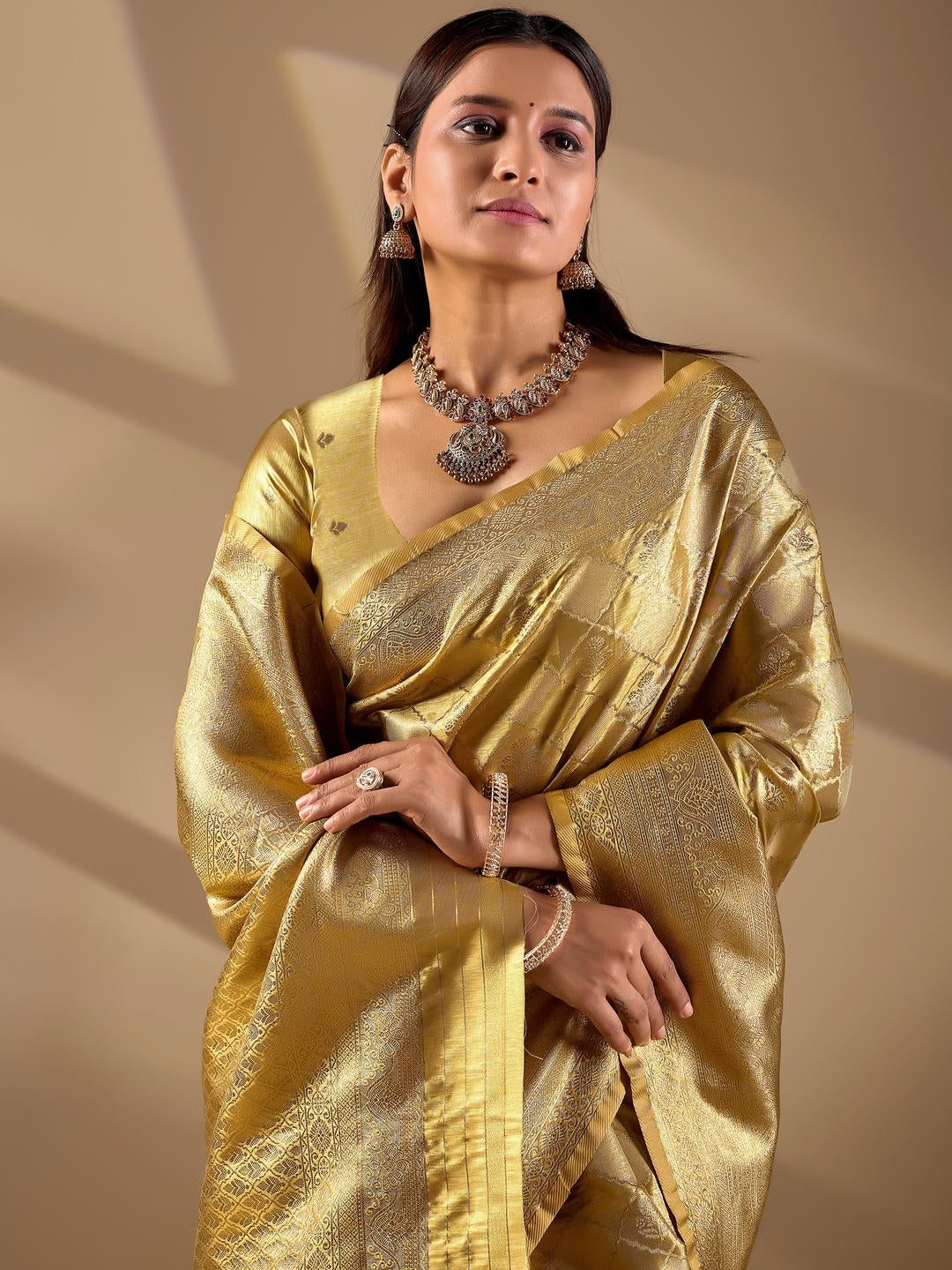 Samantha Metallic Gold Woven Design Premium Traditional Silk Fabric Saree With Gold Unstitched Blouse Piece Featuring A Heavy Zari Border For Women Ethnic Wedding And Festive Wear