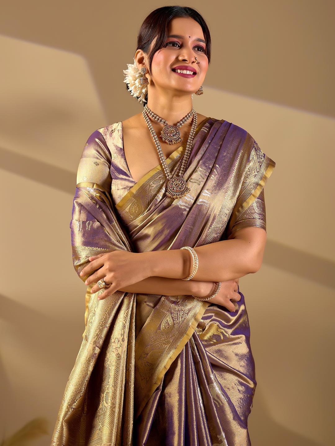Samantha Deer Gold Woven Design Premium Traditional Silk Fabric Saree With Gold Unstitched Blouse Piece Featuring A Heavy Zari Border For Women Ethnic Wedding And Festive Wear