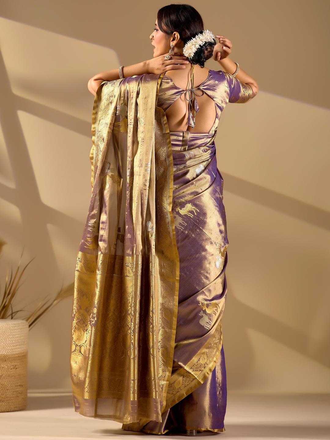 Samantha Deer Gold Woven Design Premium Traditional Silk Fabric Saree With Gold Unstitched Blouse Piece Featuring A Heavy Zari Border For Women Ethnic Wedding And Festive Wear