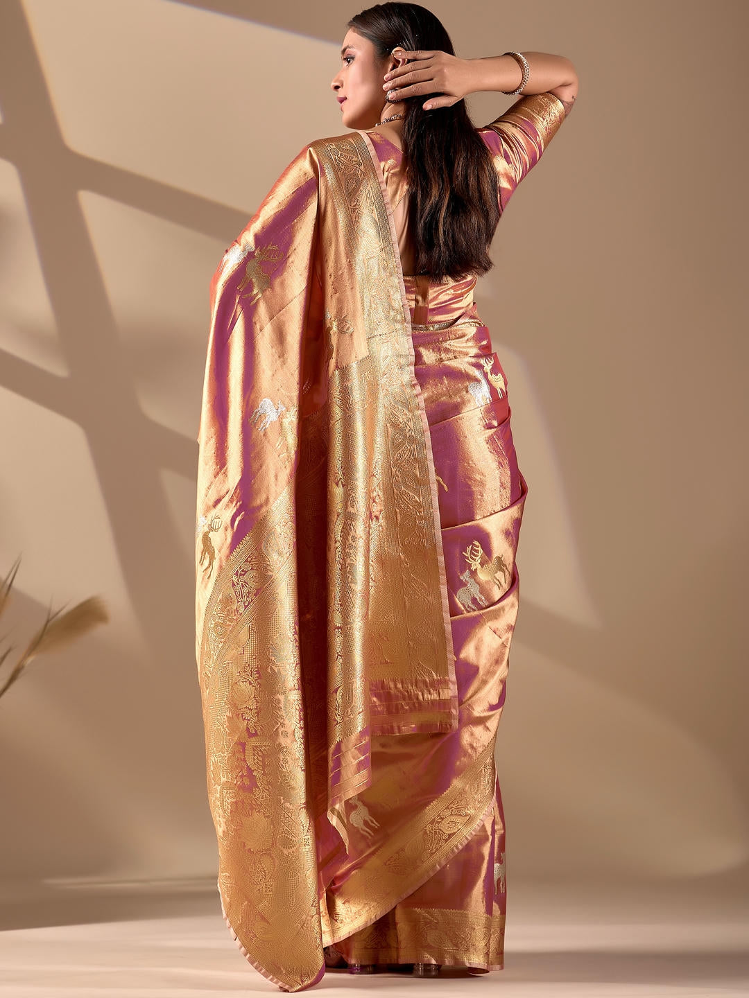 Samantha Peach Gold Woven Design Premium Traditional Silk Fabric Saree With Peach Unstitched Blouse Piece Featuring A Heavy Zari Border For Women Ethnic Wedding And Festive Wear