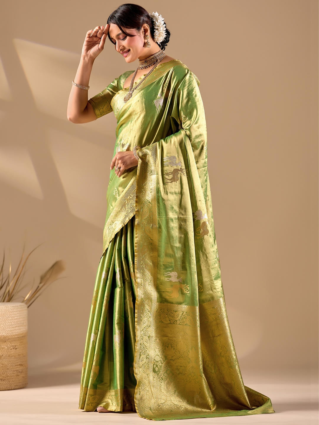 Samantha Green Woven Design Premium Traditional Silk Fabric Saree With Green Unstitched Blouse Piece Featuring A Heavy Zari Border For Women Ethnic Wedding And Festive Wear