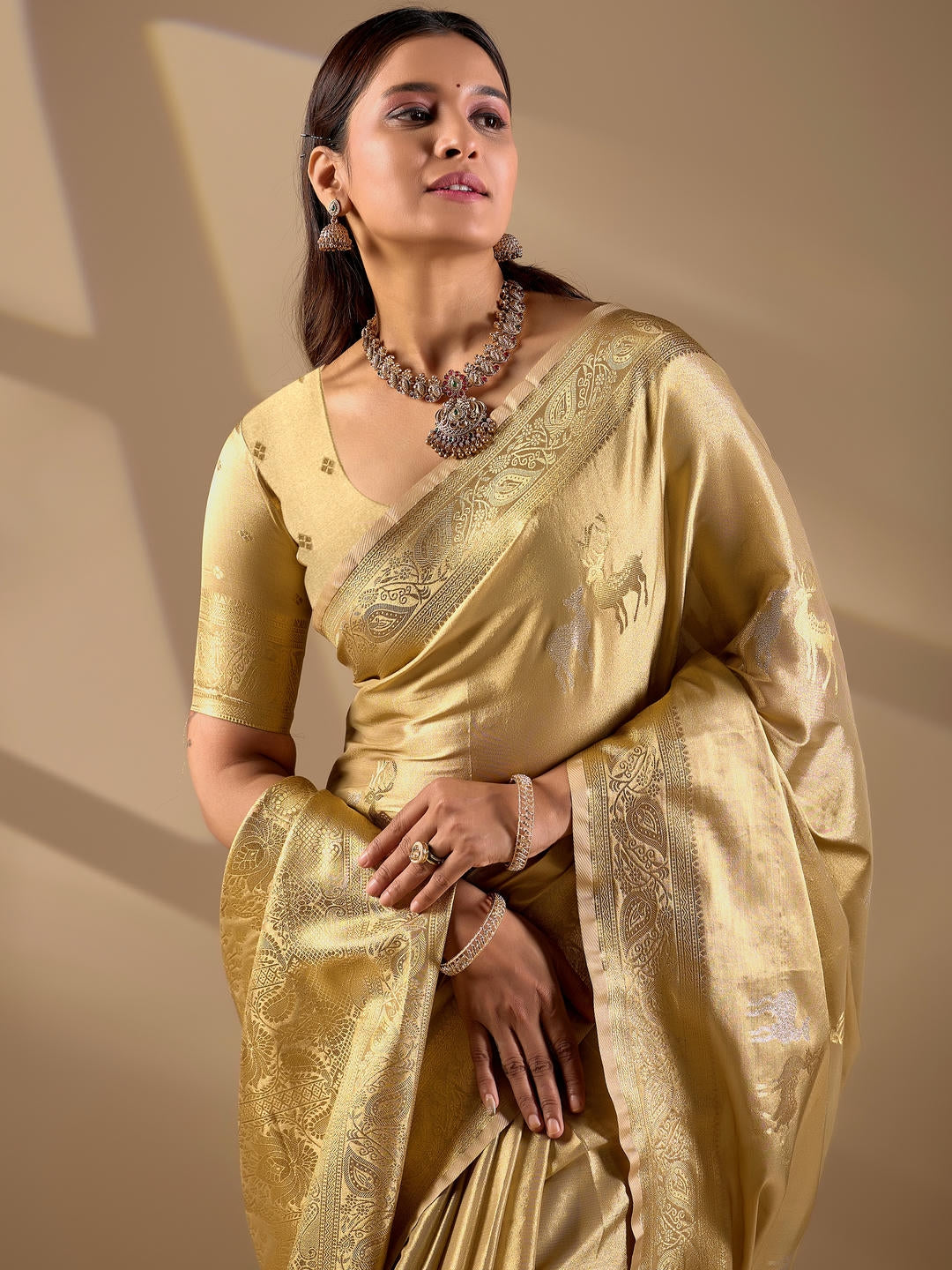 Samantha Beige Woven Design Premium Traditional Silk Fabric Saree With Beige Unstitched Blouse Piece Featuring A Heavy Zari Border For Women Ethnic Wedding And Festive Wear