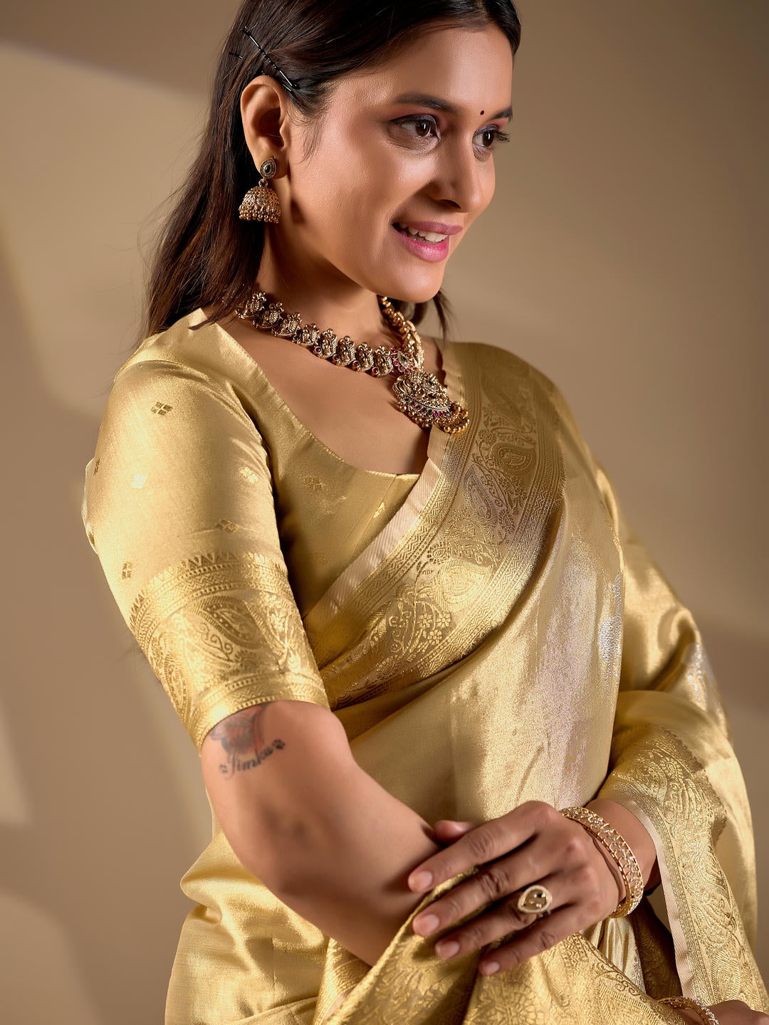 Samantha Beige Woven Design Premium Traditional Silk Fabric Saree With Beige Unstitched Blouse Piece Featuring A Heavy Zari Border For Women Ethnic Wedding And Festive Wear