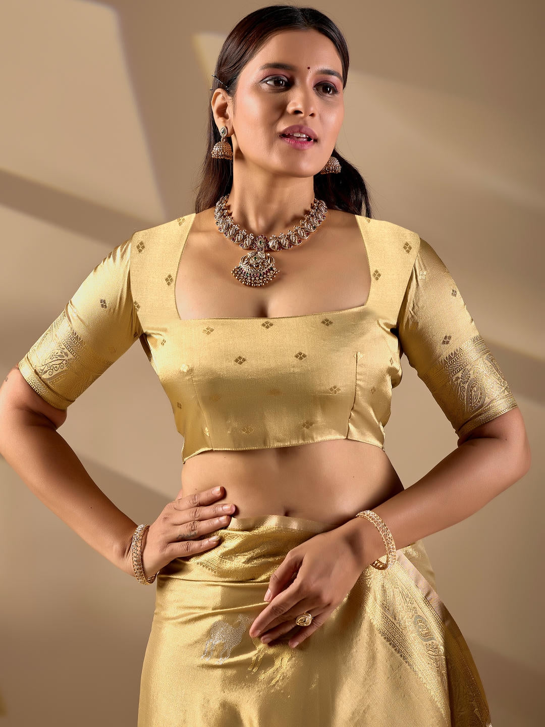 Samantha Beige Woven Design Premium Traditional Silk Fabric Saree With Beige Unstitched Blouse Piece Featuring A Heavy Zari Border For Women Ethnic Wedding And Festive Wear