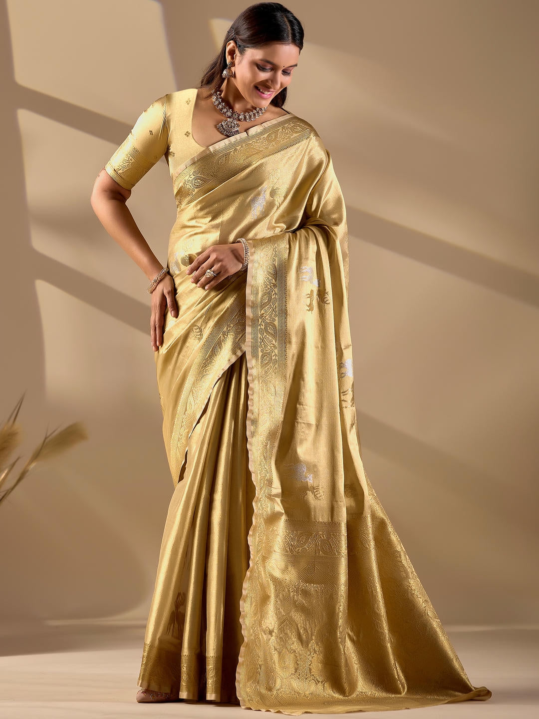 Samantha Beige Woven Design Premium Traditional Silk Fabric Saree With Beige Unstitched Blouse Piece Featuring A Heavy Zari Border For Women Ethnic Wedding And Festive Wear