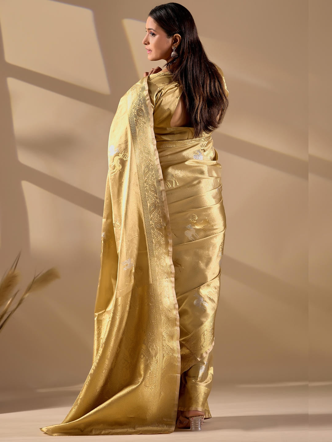Samantha Beige Woven Design Premium Traditional Silk Fabric Saree With Beige Unstitched Blouse Piece Featuring A Heavy Zari Border For Women Ethnic Wedding And Festive Wear