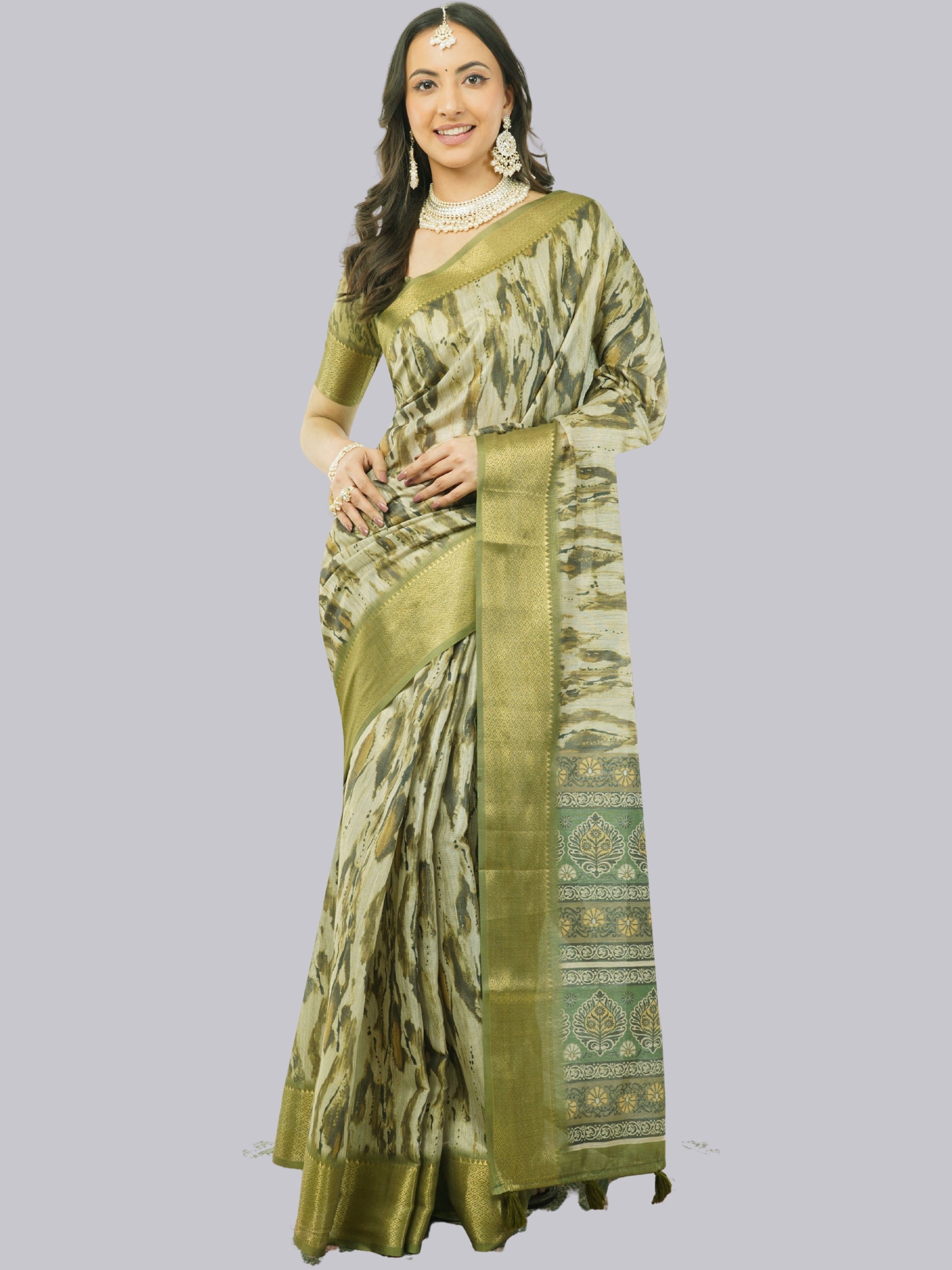 Olive Mehendi Marble Print Saree with Zari Border