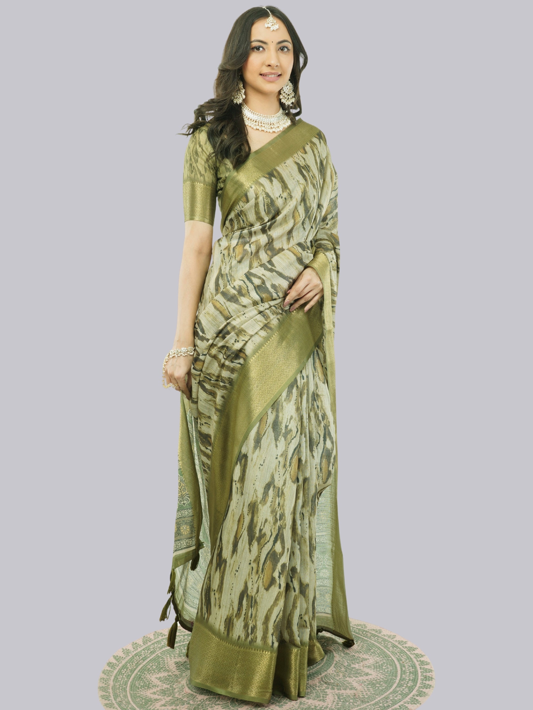 Olive Mehendi Marble Print Saree with Zari Border
