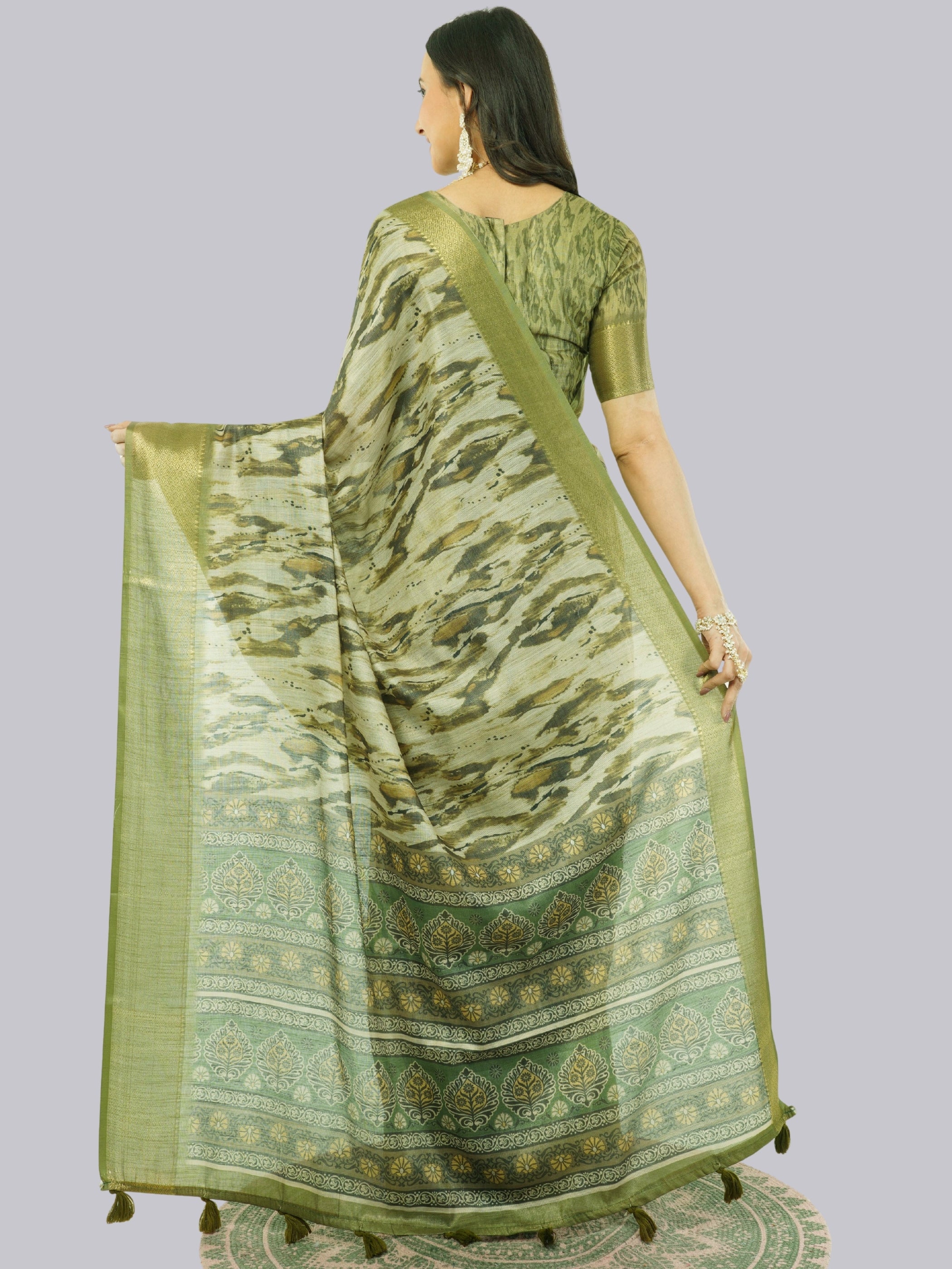 Olive Mehendi Marble Print Saree with Zari Border